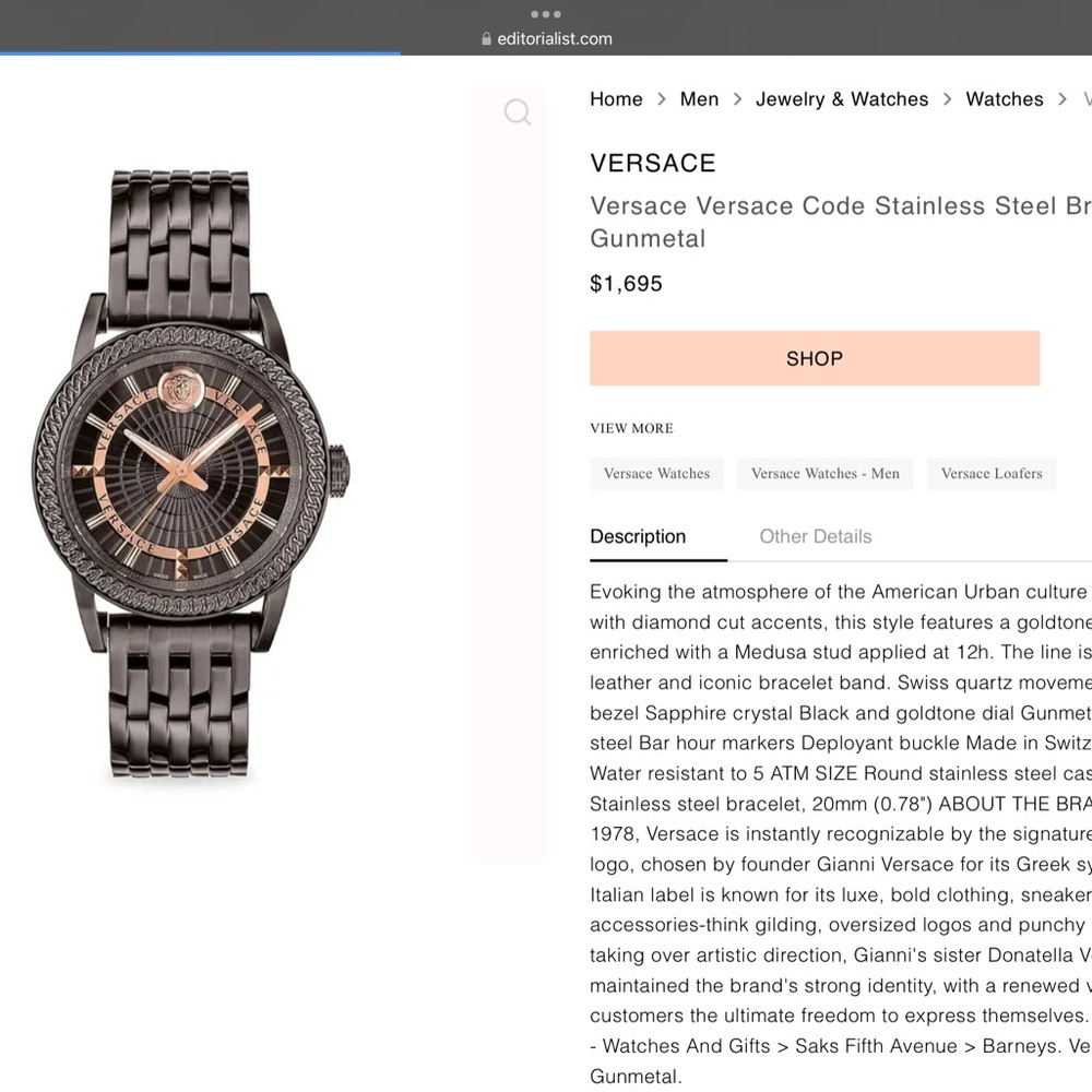 Versace 41mm watch. Gunmetal color tone. Three hand clock.Easy tell time at nite